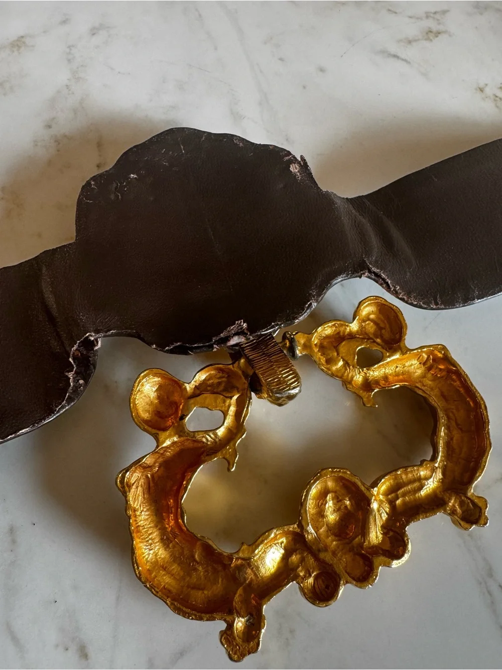 Vintage Judith Leiber Black Leather Belt with Ornate Gold Lion Buckle